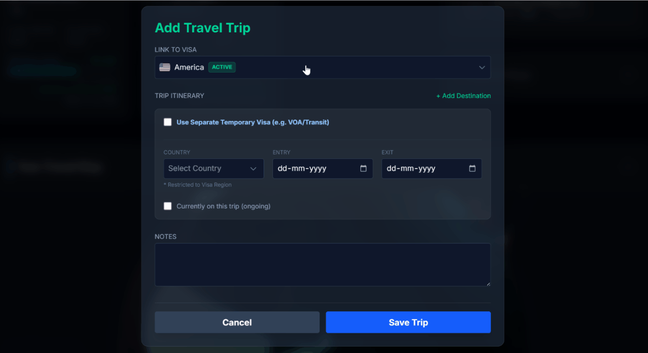Trip creation form with visa linking