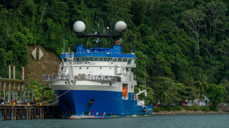 The docked R/V Falkor (too) in Golfito, Costa Rica, prior to departure to the Galapagos region.