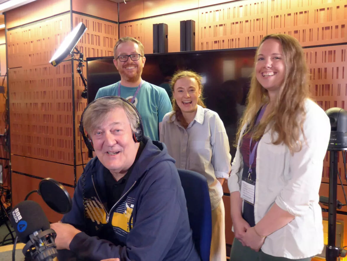 GCT's Tom O'Hara, Hannah Rickets and Dr Jen Jones with Stephen Fry for the BBC Radio 4 Appeal recording