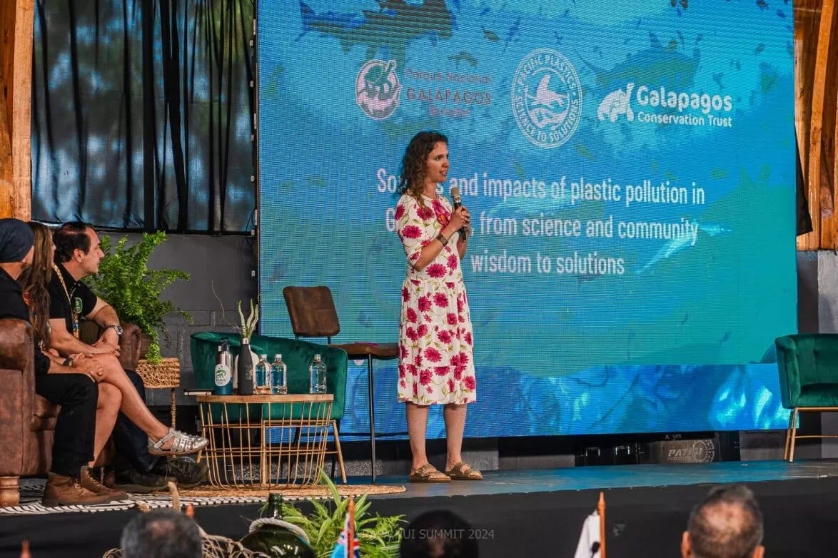 Lucía presenting GCT's plastic pollution research at the Pacific Leaders' Summit