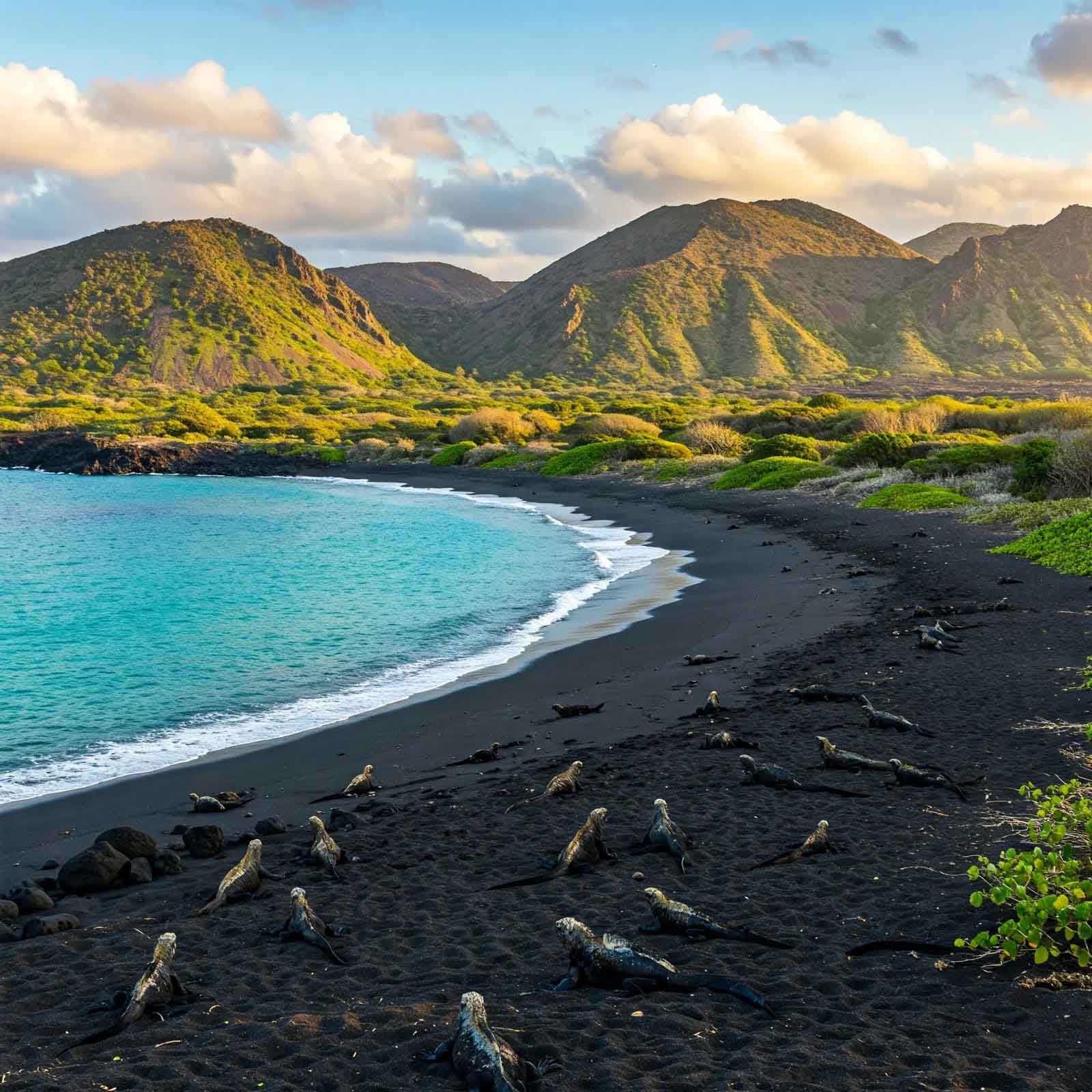 Picturesque black sand beach in the Galapagos Islands