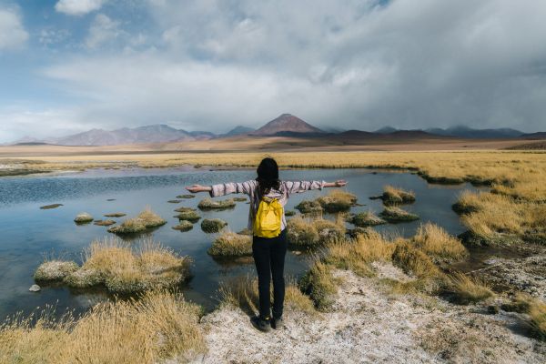 Woman looking at scenic view of lake in Atacama desert 