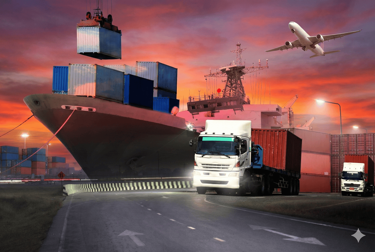 An image of a cargo ship, truck, and airplane representing travel and logistics