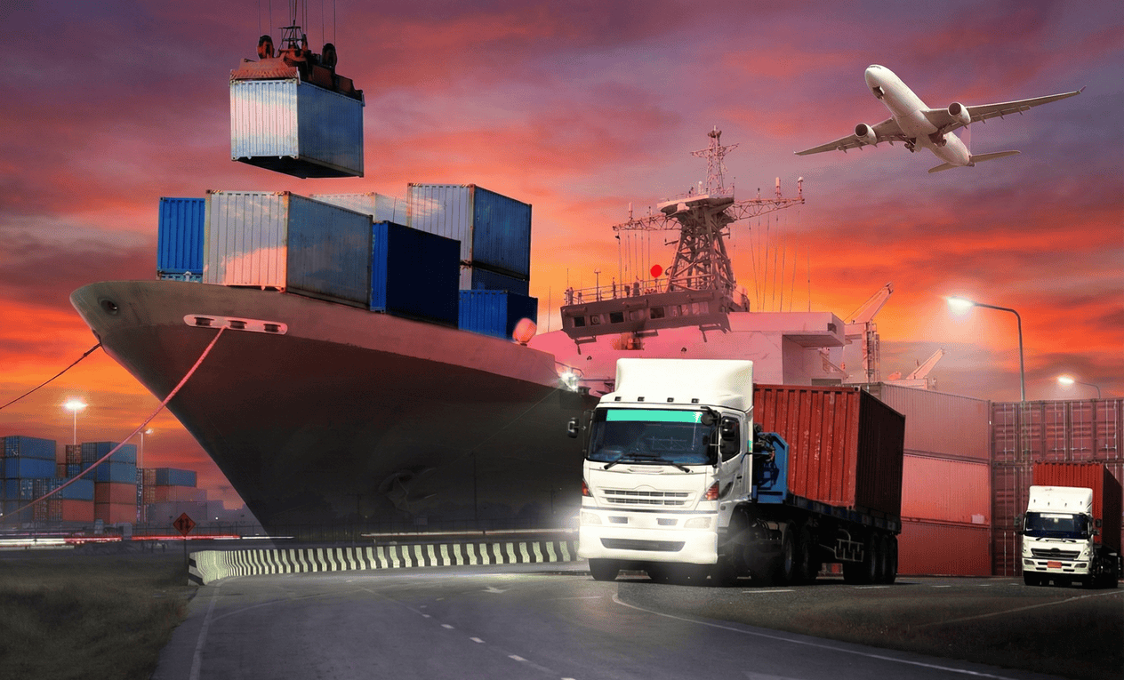 An image of a cargo ship, truck, and airplane representing travel and logistics