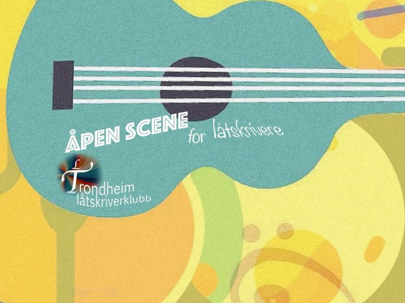 May be a doodle of guitar, harp and text that says 'ÄPEN SCENE for látskrivere Trondheim rondheim rondheim latskrıverklubb'