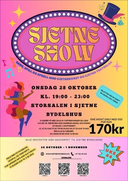 May be a doodle of ‎text that says '‎SANG, ץ SHOW MED SJETNEKORET KL. 19:00 ONSDAG 28 OTOBEB, BILLETTER -23:00 ΑΝσ.κόα OG OGI DORA! LOPT HOOPU FAR STORSALEN I SJETNE BYDELSHUS JO, KJORER MED SALG FORFRISKNINGER OGLODD ONE NIGHT ONLY MED oss FOR KUN HVA ERV BEDRE GOD UNDERHOLDNING GOD MED DRIKKE 170kr ALLE INNTEKTER GAR UAVKORTET TIL SJETNE BYDELSHUS NPLASS ALLE KJENNER. SA LENGE DA! OVER 26 OKTOBER FACEBOOK, KURTU KULTU DEG! MED OG TRDEVENTS URUKA. FOLG LOPENDEIN HOOPLA OG NFO INFO FOR Vi GLEDER 1NOVEMBER WWW.SIETNEGRENDEHUS.NMO KANALER: 74020563 638‎'‎