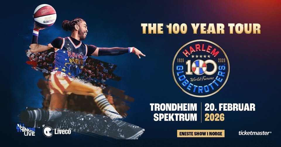 May be an image of 1 person and text that says 'ัะมเ HAR GLOBETRT THE 100 YEAR TOUR HARLEM ĐỘRC 180 2026 ጽገ. Werld Warld-Famenes TRONDHEIM 20.FEBRUAR 20. FEBRUAR SPEKTRUM 2026 itiNGE HINGS LIVE Líveco ENESTE SHOW NORGE ticketmaster®'
