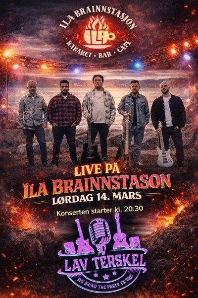 May be an image of text that says 'BRAINNSTASION KABARET 沙 1LO AaBAиe-BaR. MABARET • BAR CATE LIVE PÃ ILA LORDAG 14. BRAINNSTASON MARS Konserten starter kl. 20:30 LAV TERSKEL WEBRINGTHEPARTY ስጅ HE-ERING BRING THE PARTY ToyyBИA Υ'