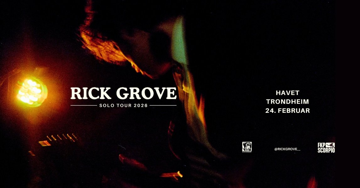 May be an image of text that says 'RICK RICKGROVE GROVE SOLOTOUR2026 SOLO TOUR 2026 HAVET TRONDHEIM 24. FEBRUAR 好 @RICKGROVE_ FKP P新 SCORPIO'