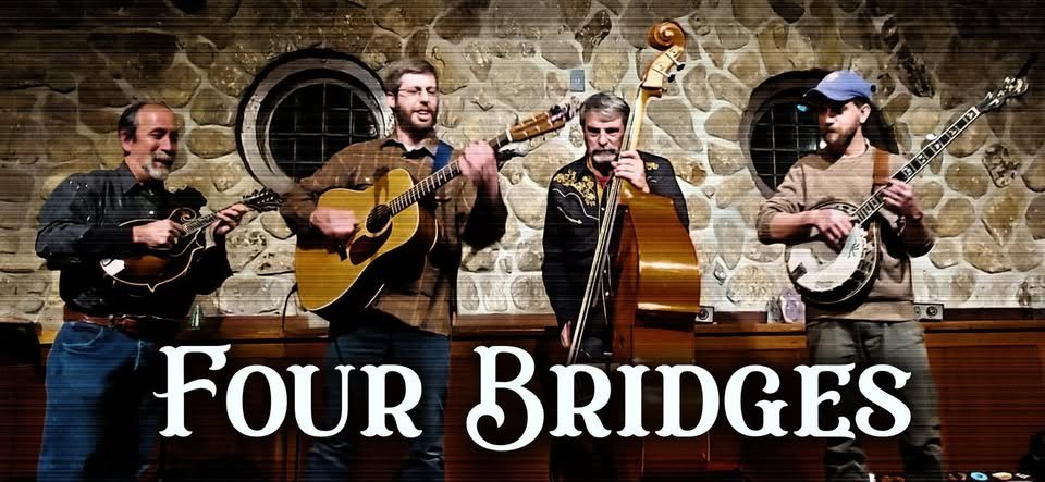 May be an image of violin, accordion, guitar and text that says "FOUR BRIDGES"