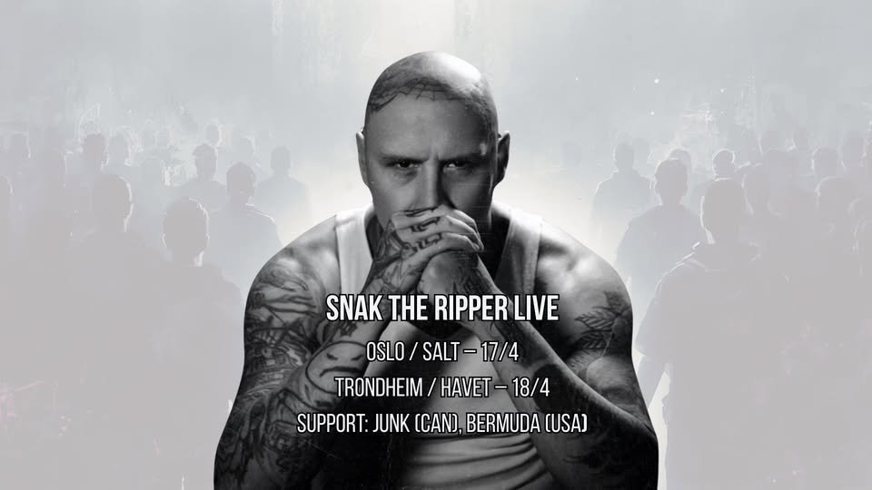 May be an image of crowd and text that says 'SNAK THE RIPPER LIVE OSLO/ SALT- SLO/SALT-17/4 17/4 TRONDHEIM HAVET -18/4 -18/4 SUPPORT: JUNK (CAND, BERMUDA บร)'