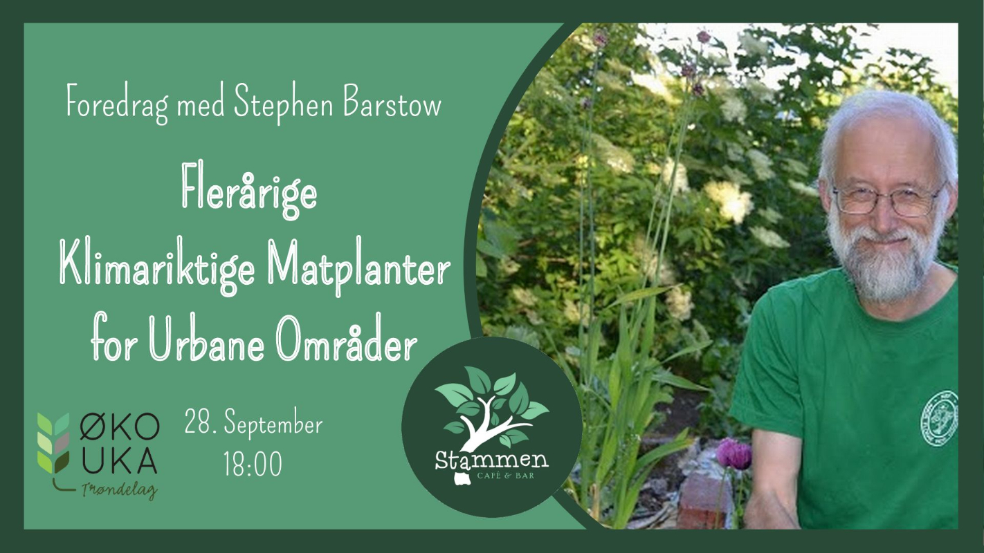 May be an image of 1 person, herb and text that says 'Foredrag med Stephen Barstow Flerarige Klimariktige Matplanter for Urbane Omräder OKO 28 September UKA 18:00 Trondelag Stammen'