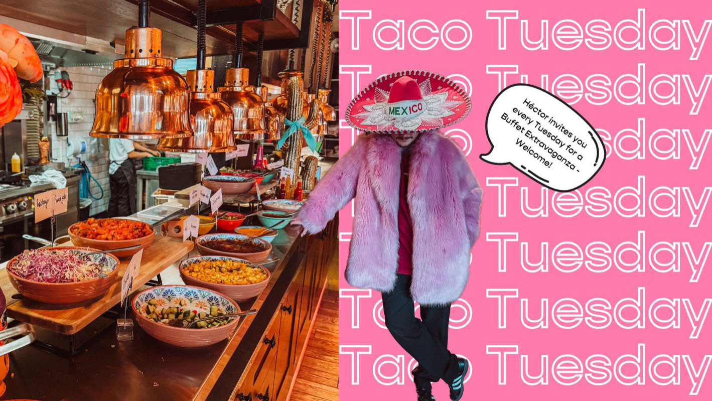 May be an image of ‎1 person, taco and ‎text that says '‎יאביונ! ក T Taco Tuesday T MEXICO Tresday Héctor HECiOr Buffet every tnvites YOU day HoceoniegNa day uesday Extrosday Tuabi α'τα? Tuesday Tuesday TOo D Tuesday T Tar T d Tuesday‎'‎‎
