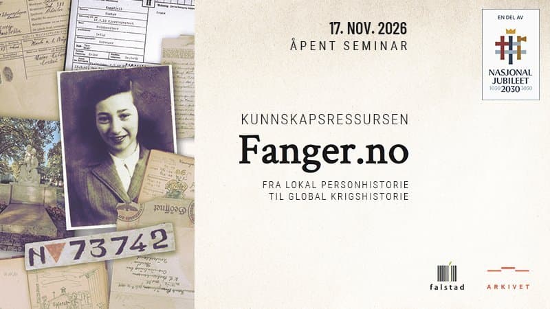 Arrangementsplakat for seminar om "Kunnskapsressursen Fanger.no – fra lokal personhistorie til global krigshistorie".