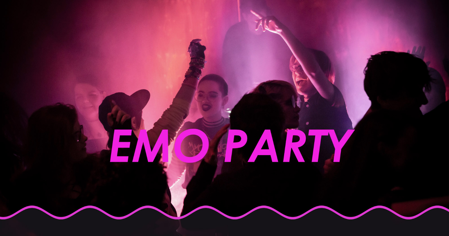 May be an image of 6 people, poster, crowd and text that says 'EMO PARTY'