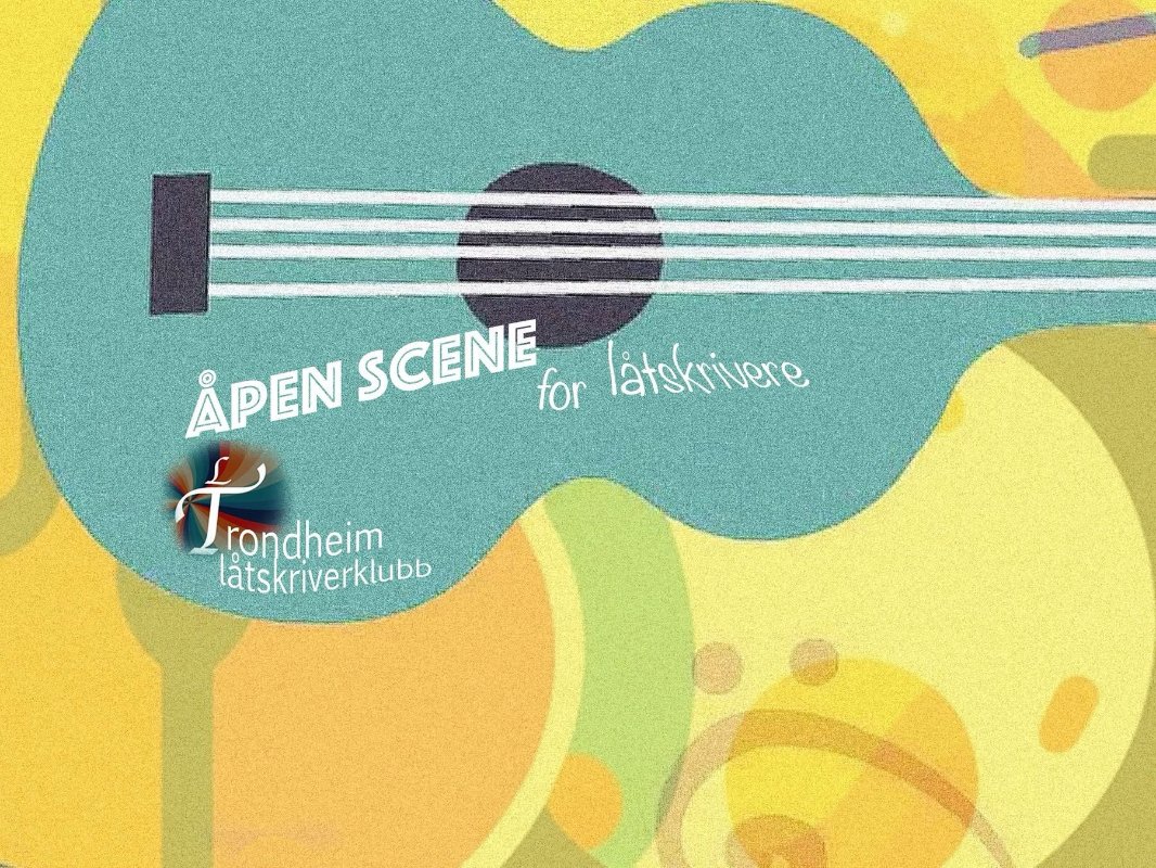 May be a doodle of guitar, harp and text that says 'ÄPEN SCENE for látskrivere Trondheim rondheim rondheim latskrıverklubb'