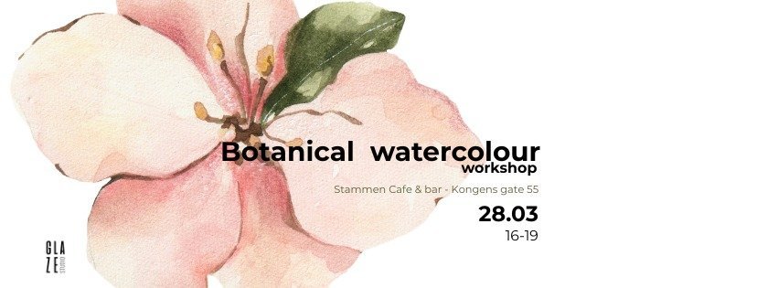 May be an illustration of text that says 'GLA ZEN Bo anical watercolour workshop Stammen Cafe & bar Kongens gate 55 28.03 16-19'