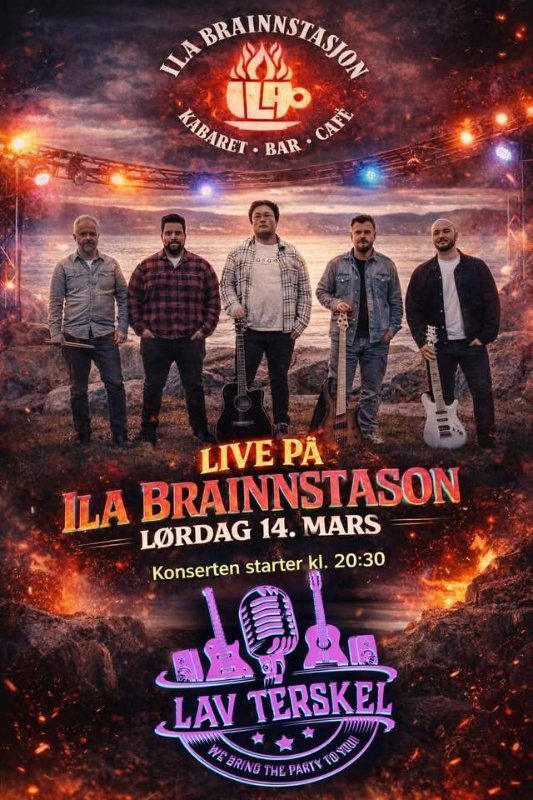 May be an image of text that says 'BRAINNSTASION KABARET 沙 1LO AaBAиe-BaR. MABARET • BAR CATE LIVE PÃ ILA LORDAG 14. BRAINNSTASON MARS Konserten starter kl. 20:30 LAV TERSKEL WEBRINGTHEPARTY ስጅ HE-ERING BRING THE PARTY ToyyBИA Υ'