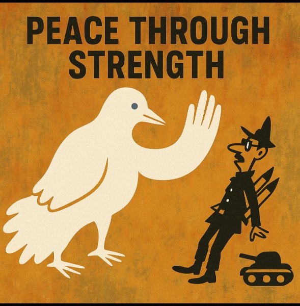 May be a doodle of vulture and text that says "PEACE THROUGH STRENGTH ラャ"