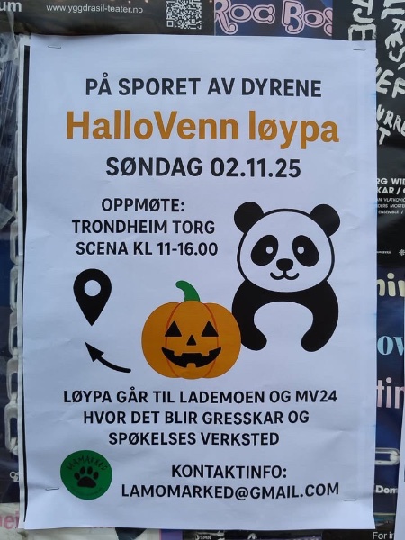 May be an image of text that says 'www.yggdrasil-teater.no www. yggdrasil-te ០ Bos ន PẢ SPORET AV DYRENE HalloVenn loypa SONDAG 02.11.25 RR RG WI KAR/ AIKOVI OPPMOTE: TRONDHEIM TORG SCENA KL 11-16.00 NSEMBLE i LOYPA GẢR TIL LADEMOEN OG MV24 HVOR DET BLIR GRESSKAR OG SPOKELSES VERKSTED KONTAKTINFO: LAMOMARKED@GMAIL.COM Dom'