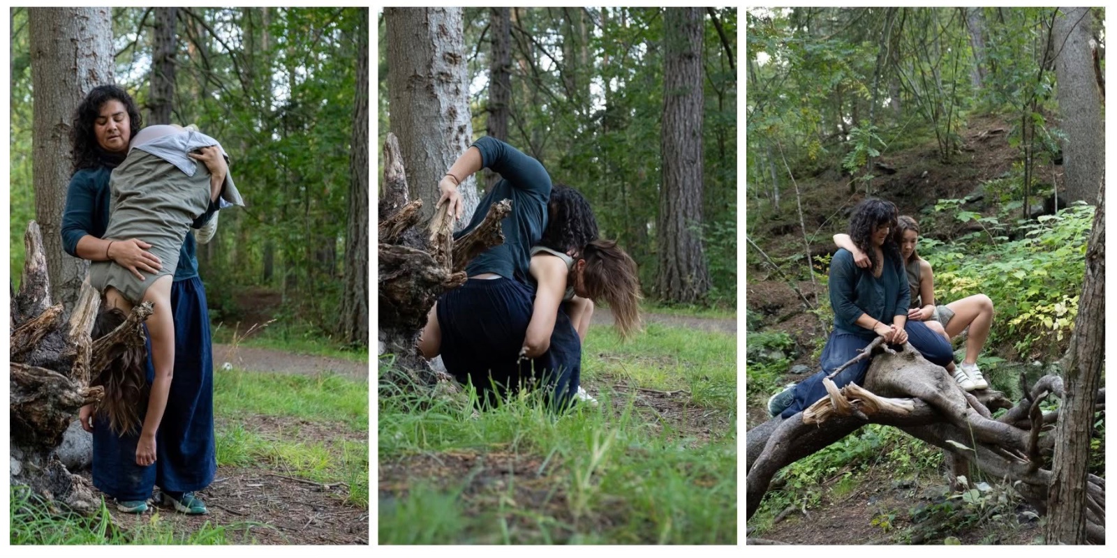 An image of two women dancing in the forest