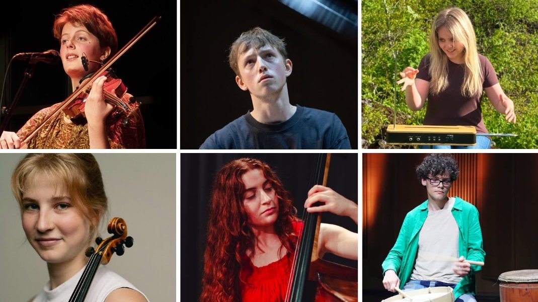 An image of musicians with violin, drums, theremin and piano