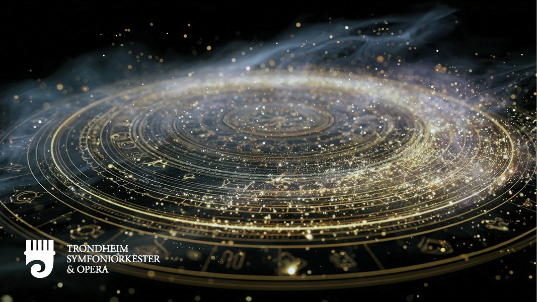 Et gyllent astrologisk hjul gløder med glitrende stjernestøv og slør av røyk mot en mørk bakgrunn.