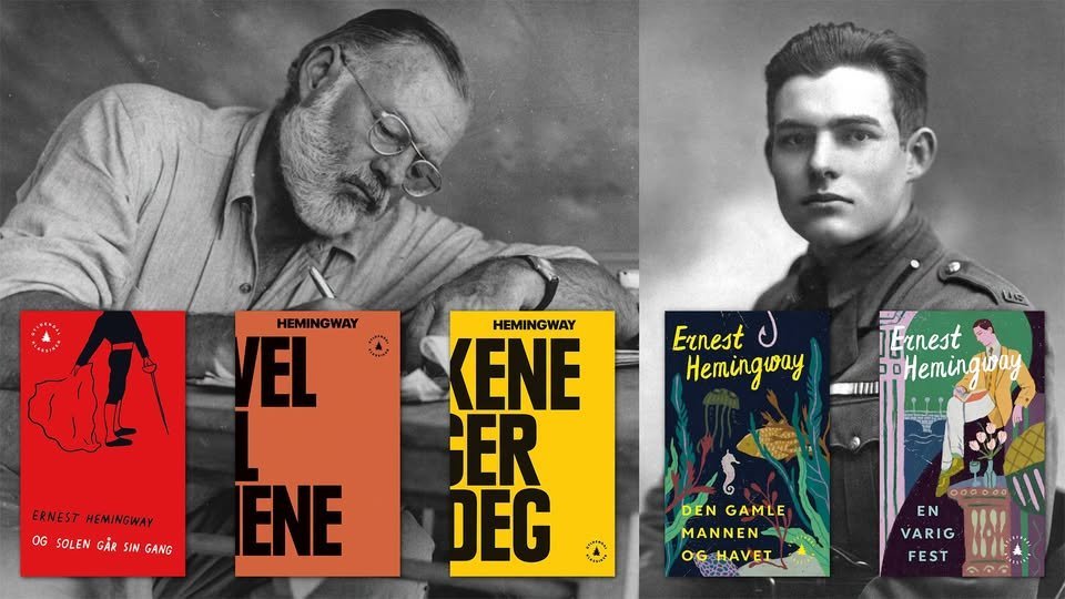 May be an image of text that says 'HEMINGWAY VEL Ernest ل Hemingway iErnest oHemingway ERNESTHEMINGWAY ERNEST HEMINGWAY OG SOLEN GAR SOLENGARSINGANG SIN GANG HEMINGWAY KENE ER DEG 吉 ENE DENGAMLE DEN GAMLE MANNEN OG HAVEI EN VARIG FEST 小うの'