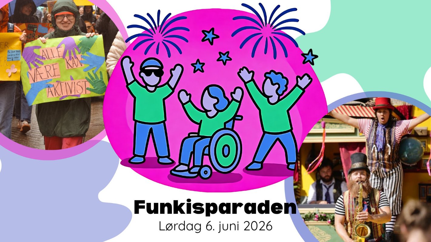 Fargerik logo med tre glade personer, en i rullestol. Bilde av sirkusartister i Flying Seagulls og bilde av person som går i parade med en plakat der det står "Alle akn være aktivist"