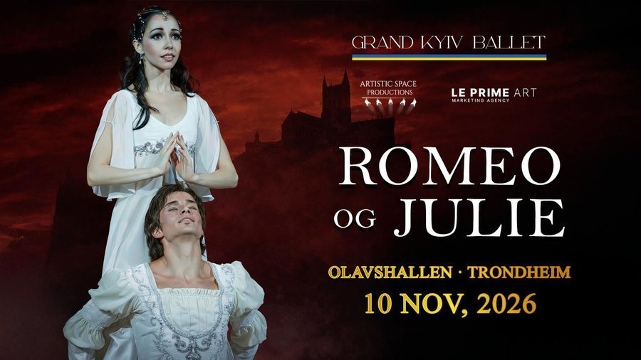 May be an image of text that says "GRANDKYIVBALLET GRANDKYI BALLET ARTISTICSPACE ARTIST PRODUCTIONS ትአተጵ LE LEPRIMEART MARK PRIME ART ROMEO OG OG JULIE OLAVSHALLEN TRONDHEIM 10 Νον, 2026"