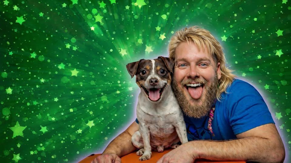 May be an image of one or more people, beard and dog