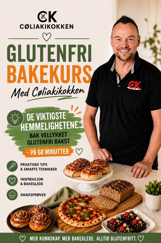 May be an image of text that says 'CK 兵 COLIAKIKOKKEN GLUTENFRI BAKEKURS Med Coliakikokken CK ! DE DE VIKTIGSTE HEMMELIGHETENE BAKVELLYKKET BAK GLUTENFRI BAKST PẢ 60 MINUTTER PRAKTISKE TIPS & SMARTE TEKNIKKER INSPIRASJON & BAKEGLEDE L SMAKSPROVER MER KUNNSKAP. MER BAKEGLEDE. ALLTID GLUTENFRITT.'