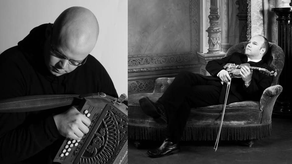 May be a black-and-white image of violin and accordion