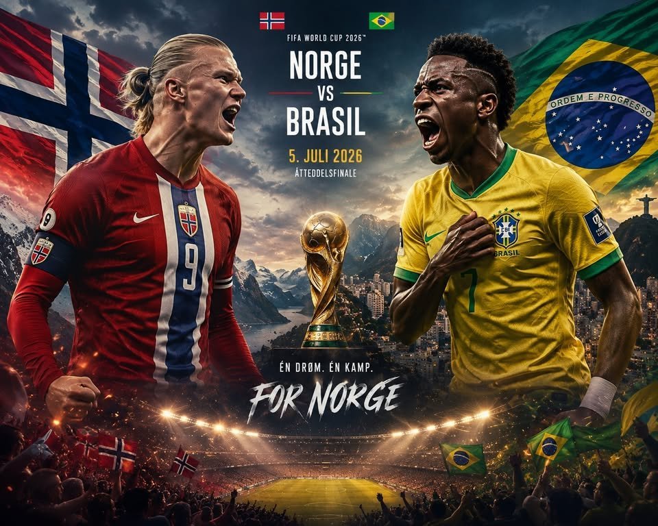 May be an image of American football, football and text that says "FIFA WORLO CUP CUP20 2026" NORGE VS BRASIL 5.JULI2026 5. .JULI 2026 ATTEDDELSFINALE ORDEMEPROGRE PROG ESSO ORDEM CO BRASIL KEHOEK ÉN DROM. EN ÉNDRBM.ENKAMP. KAMP. FOR NORGE"