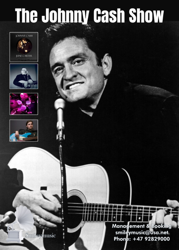 May be an image of 1 person, guitar and text that says "The Johnny Cash Show JUNE CARTER Smileymusic Management & Booking smileymusic@usa.net Phone: +47 92829000"