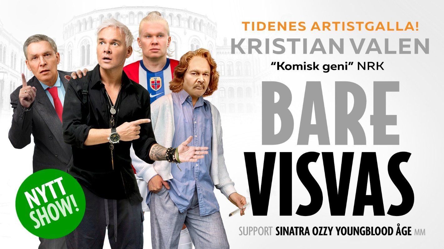 May be an image of text that says '110 TIDENES ARTISTGALLA! KRISTIAN VALEN "Komisk geni" NRK BARE VISVAS SUPPORT SINATRA OZZY YOUNGBLOOD AGEMM MM ẢGE NYTT SHOW!'