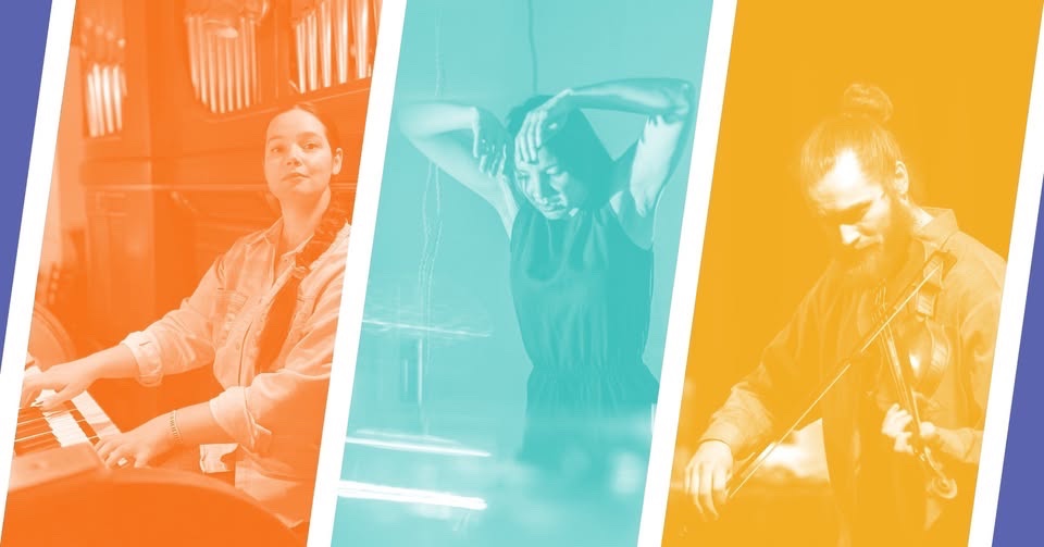An image of one person playing the organ, one person dancing and one person playing violine