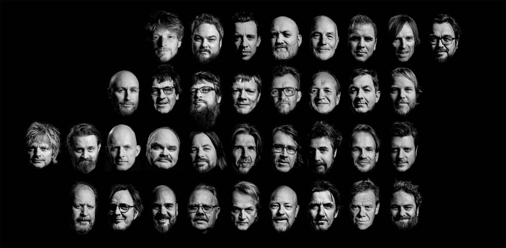 sammensatt bilde av mannskorets medlemmer i sort-hvitt