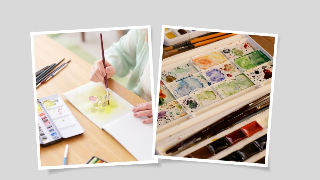 Person som holder en pensel og maler en blomst og et nærbilde av et akvarellskrin