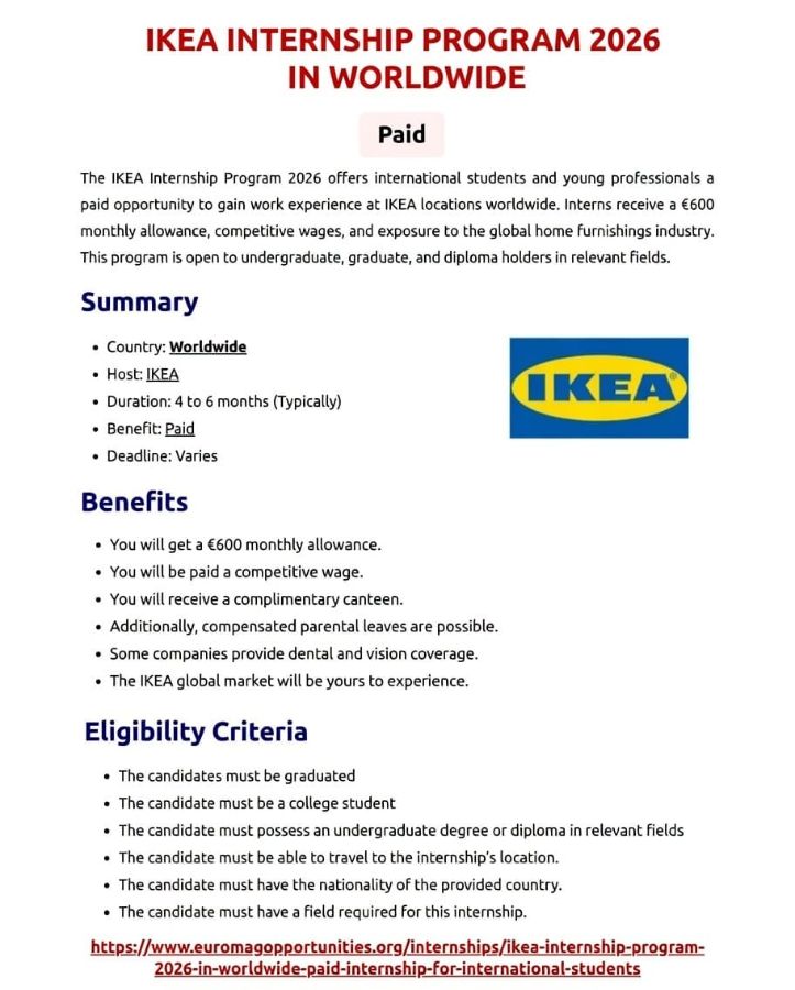 IKEA Internship Program 2026 | Paid International Internship for Students & Graduates — Internships in Sweden, China, Malaysia, Belgium, Italy, Croatia, India, Spain, and others.
