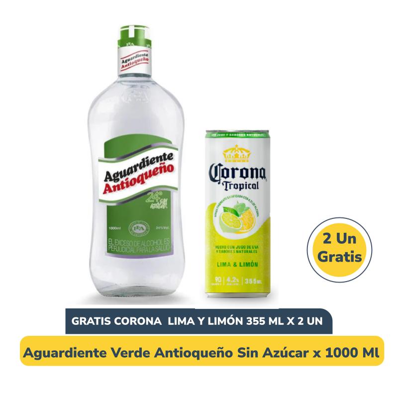 Combo Aguardiente Antioqueño Verde 1000 ml + Gratis 2 Corona Tropical Lima Limón