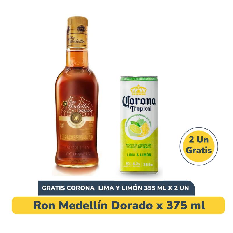 Combo Ron Medellin Dorado 375 ml + Gratis 2 Corona Tropical Lima Limón