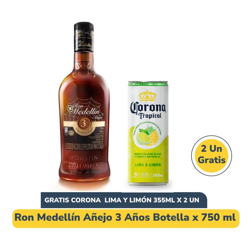 Combo Ron Medellin Añejo 3 Años 750 ml + Gratis 2 Corona Tropical Lima Limón