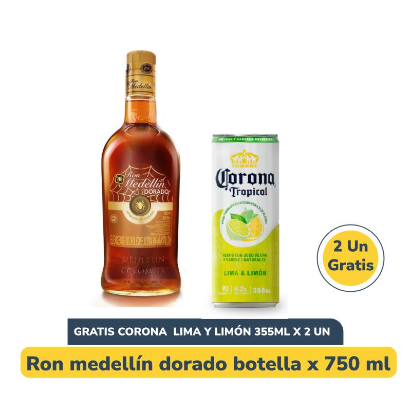 Combo Ron Medellin Dorado 750 ml + Gratis 2 Corona Tropical Lima Limón