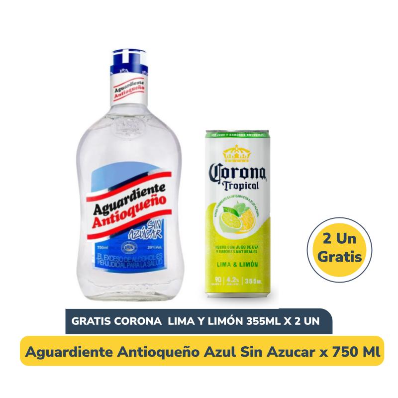 Combo Aguardiente Antioqueño Sin Azúcar Azul 750 ml + Gratis 2 Corona Tropical Lima Limón