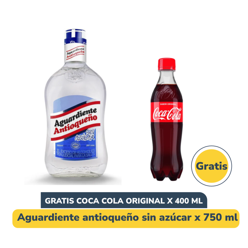 Combo Aguardiente Antioqueño Sin Azúcar 750 ml + Gratis Coca Cola 400 ml
