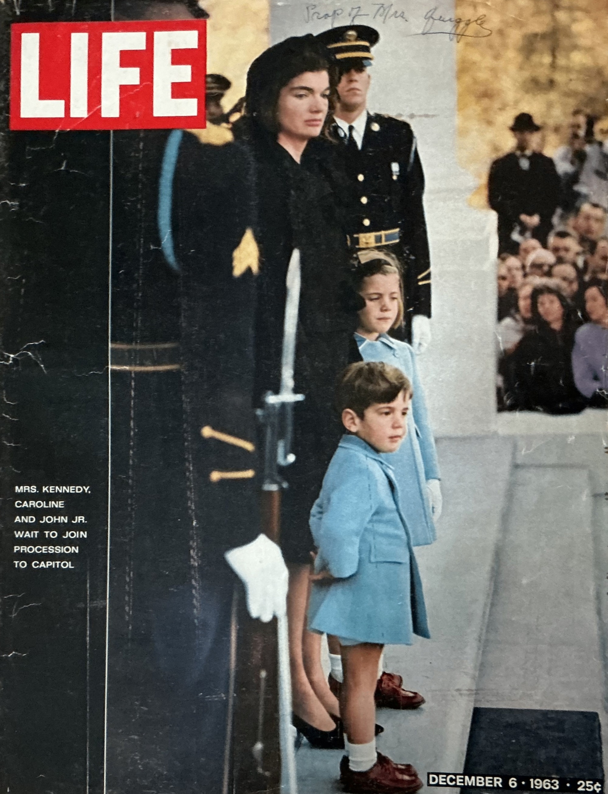 LIFE Magazine -  Mrs. Kennedy, Caroline, and John Jr. wait to join progression to Capitol - December 6th, 1963