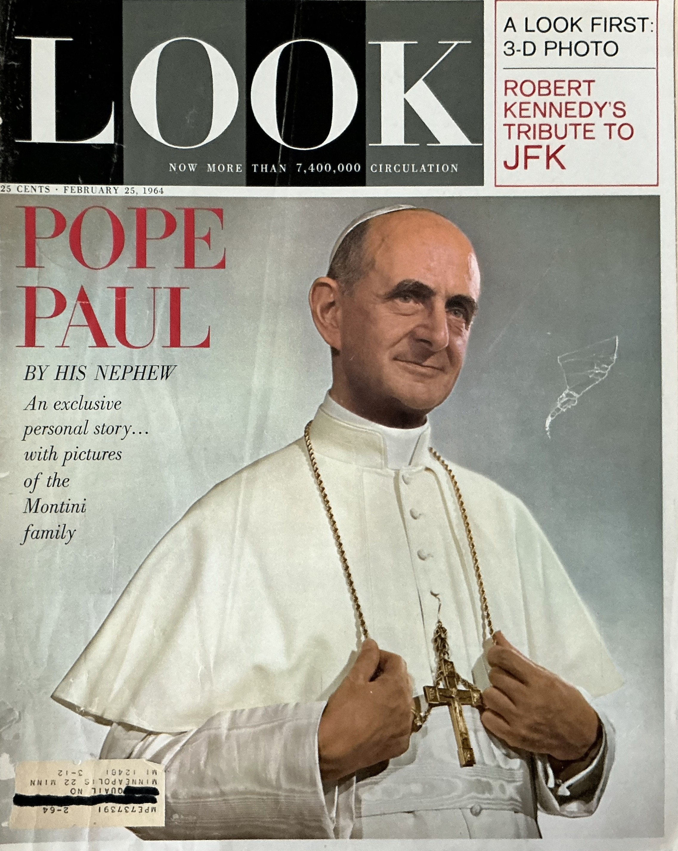 LOOK - ROBERT KENNEDY'S TRIBUTE TO JFK - POPE PAUL on the cover - February 22, 1964
