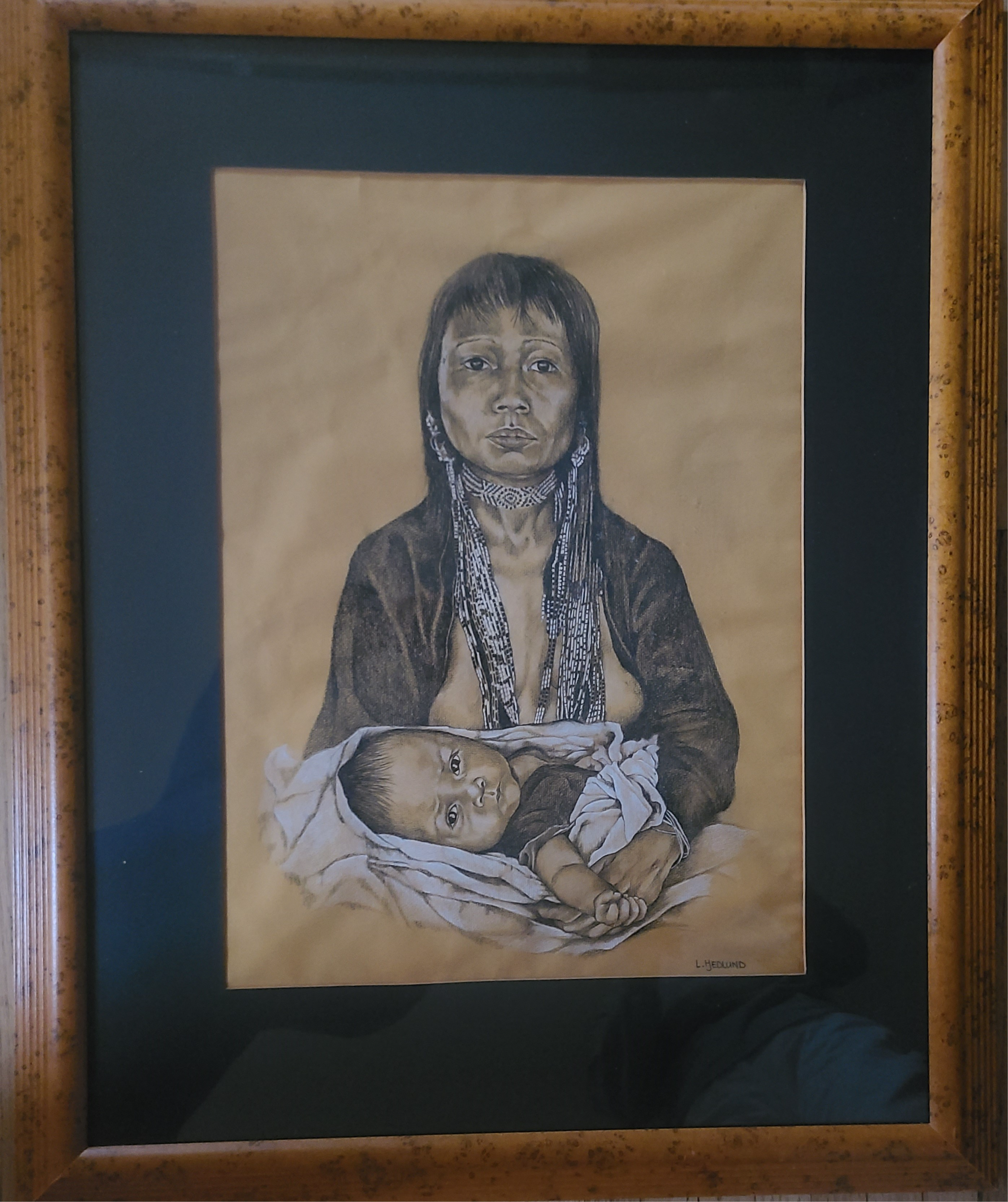 Original Charcole Drawing of Native American Mother & Child by Lynn Hedlund in a beautiful wood frame - looks like Birds-eye Maple