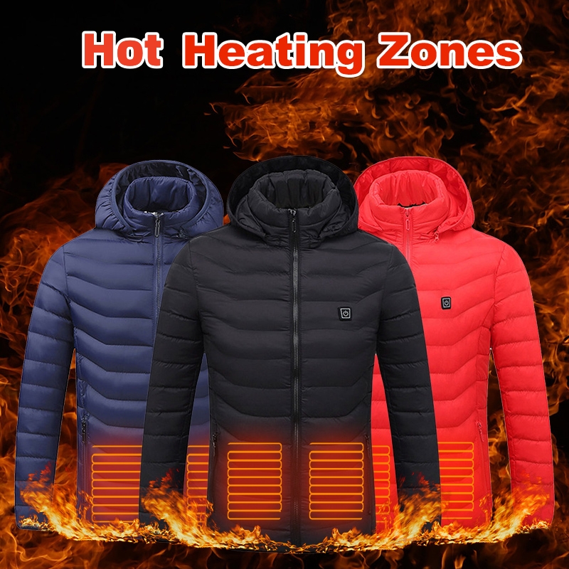 Men Heated Puffer Jacket Electric Heating Coat Insulated Hood Windbreaker 9 Heat Zones